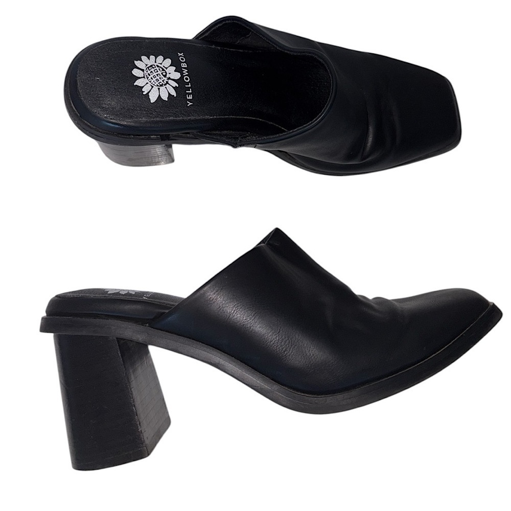 Yellow Box Black Slip on Mules Chunky Heel